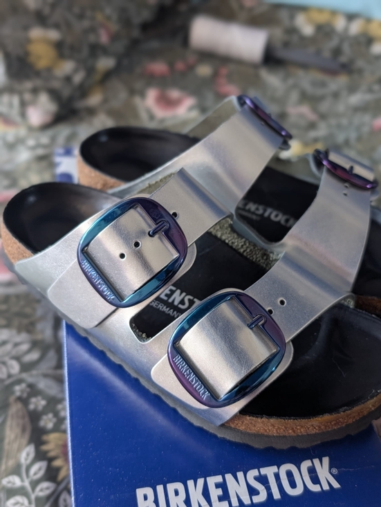 Birkenstock Shoes - Birkenstock Silver Arizona Sandals with Iridescent Blue-Purple Buckles